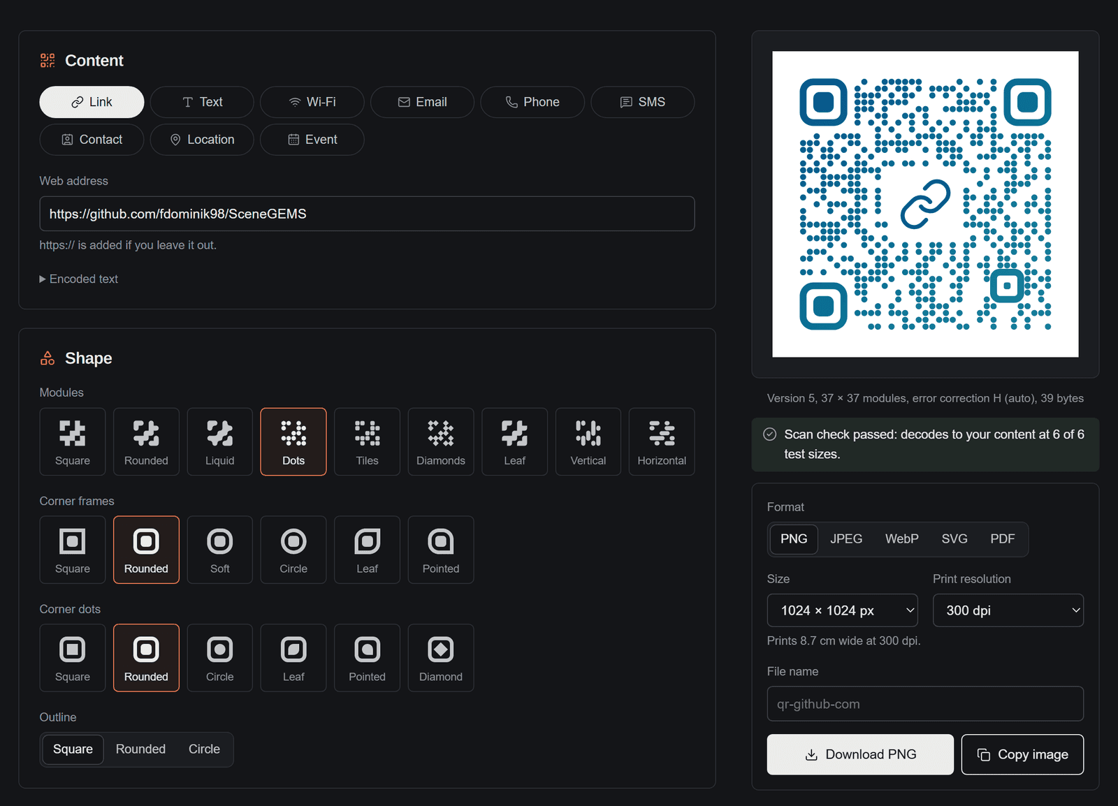 The QR code generator, with the content form and shape pickers beside a live preview and the download options.