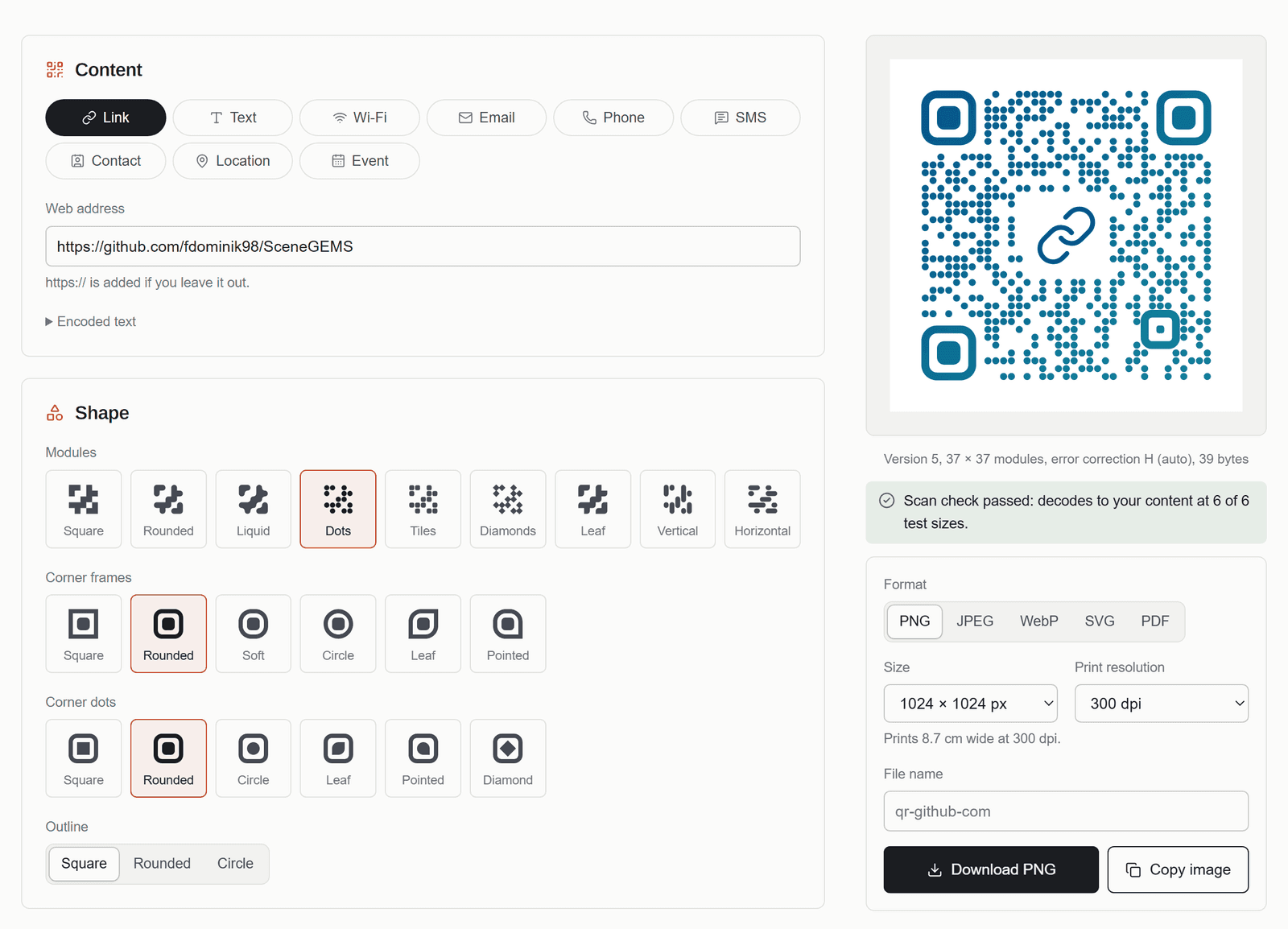 The QR code generator, with the content form and shape pickers beside a live preview and the download options.