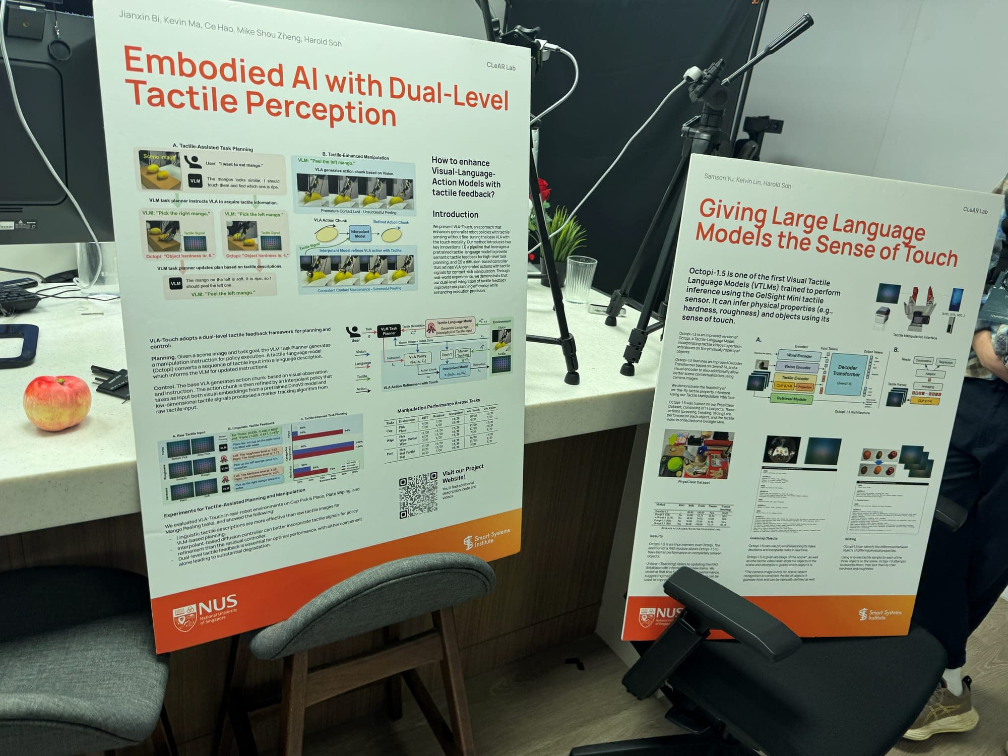 Two NUS posters from the CLeAR Lab: Embodied AI with Dual-Level Tactile Perception, and Giving Large Language Models the Sense of Touch