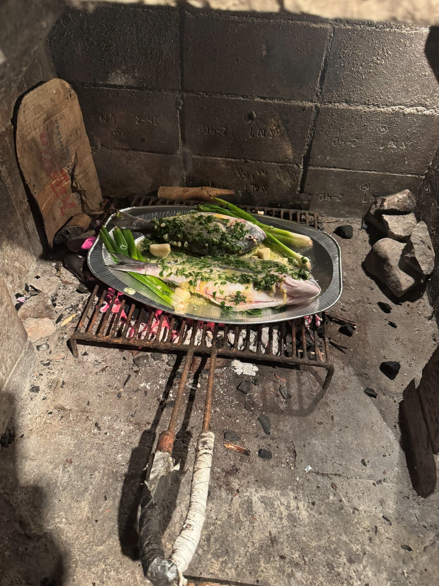 Two whole fish dressed with herbs, garlic and spring onions in a foil tray, on a grill over glowing coals in a stone barbecue